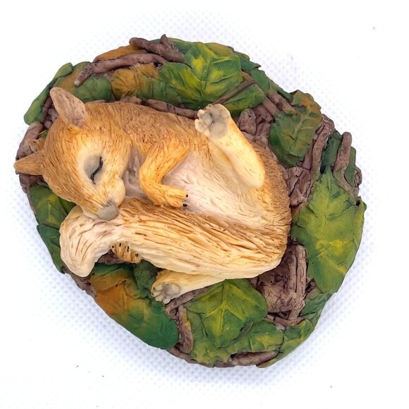 Ansley MasterCraft Sleeping Baby Red Squirrel Hand Painted Green Leaves Nest VTG - Picture 11 of 11